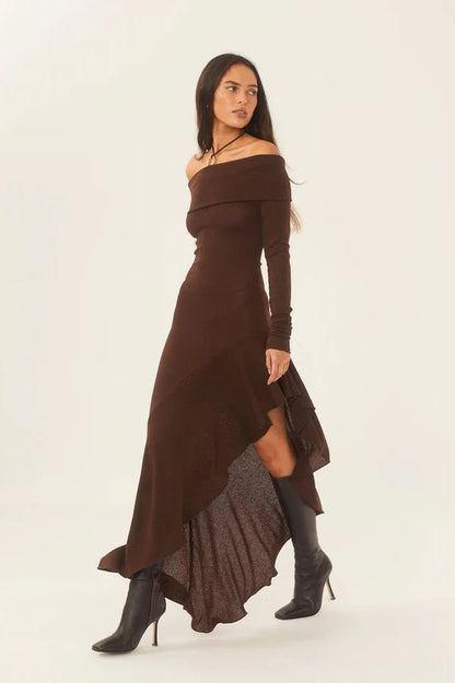 Selina Off-shoulder Flare Midi Knit Dress